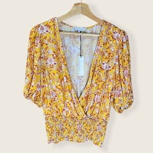 Cupcakes And Cashmere Ditsy Floral V-Neck Smocked Short Sleeve Top Blouse (NWT)